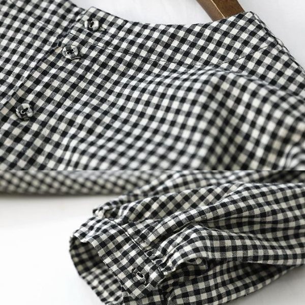 French Plaid Cotton Women Fine Sewing Asymmetric Plus Size Clothing Blouse - Image 5