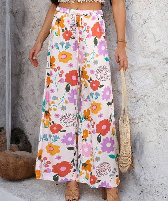 Rainbow Print Tie Waist Vacation Trousers Dresses