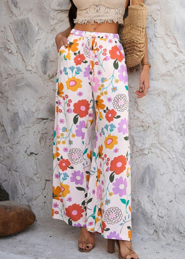 Rainbow Print Tie Waist Vacation Trousers Dresses - Image 2