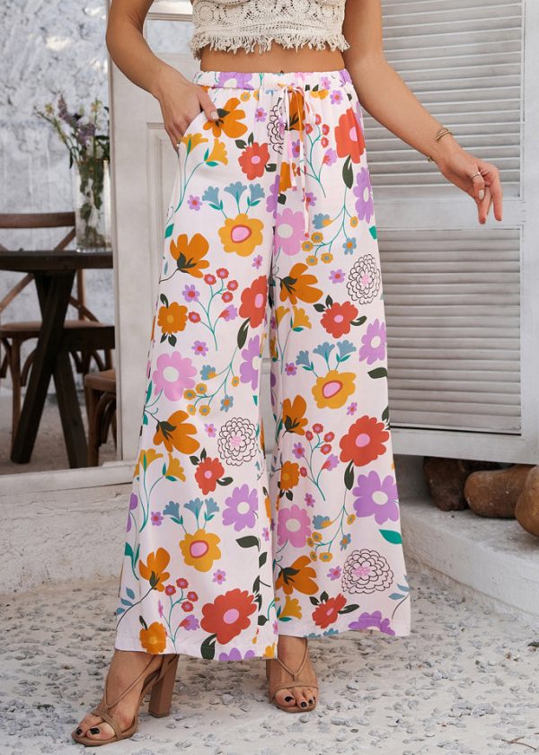 Rainbow Print Tie Waist Vacation Trousers Dresses - Image 3