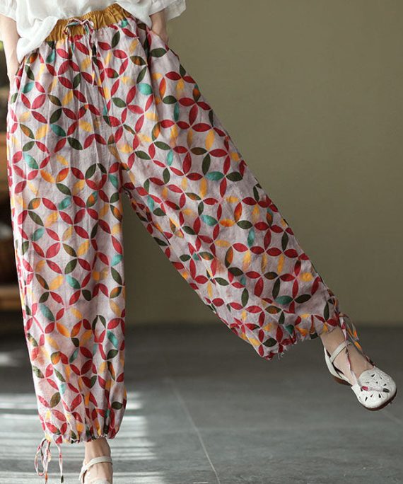 Red Colorblock Tie Waist Print Linen Pants Drawstring Summer