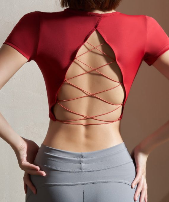Red Hollow Out Solid Workout Yoga Top