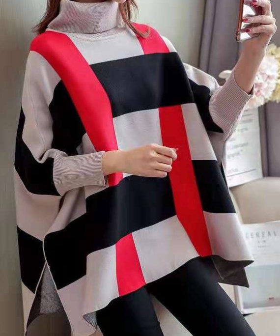 Women Striped Knit Blouse O Neck Batwing Sleeve Loose-fitting Knitted Blouse