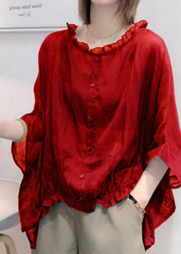 Art Navy Tops Ruffles Trim Half Sleeve Shirts Blouse Plus Size - Image 3