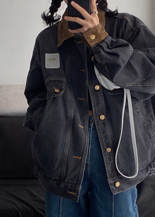Retro Black Button Pockets Patchwork Denim Mens Coats Spring - Image 2