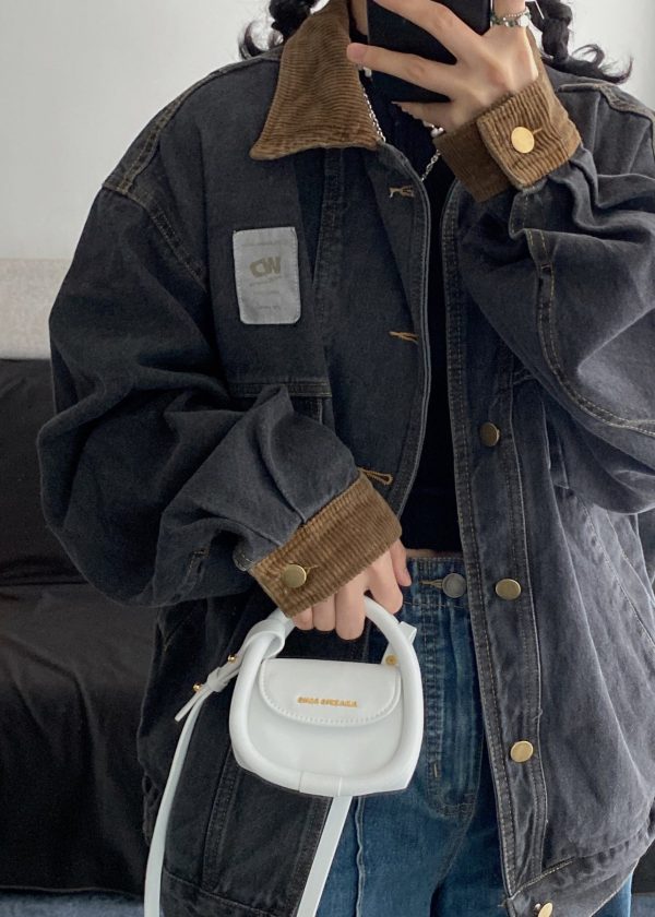 Retro Black Button Pockets Patchwork Denim Mens Coats Spring - Image 3