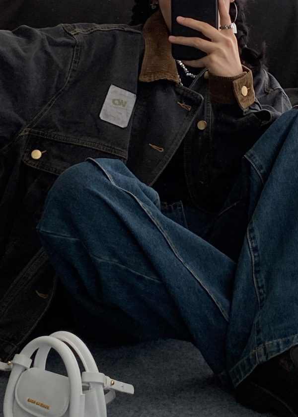 Retro Black Button Pockets Patchwork Denim Mens Coats Spring - Image 4