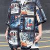 Retro Blue Print Original Design Ice Silk Mens Shirts Half Sleeve