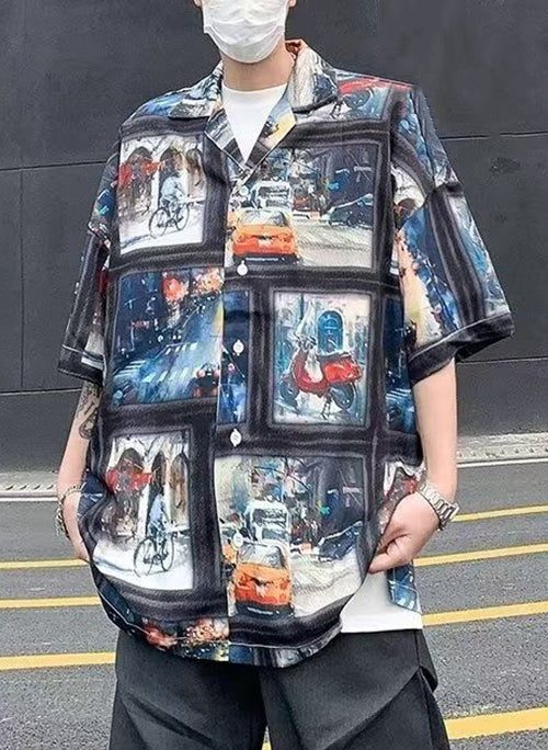 Retro Blue Print Original Design Ice Silk Mens Shirts Half Sleeve