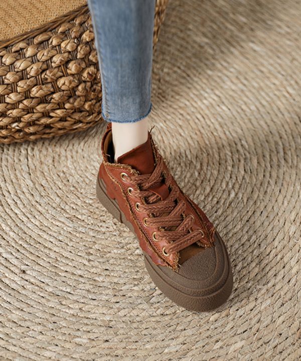 Retro Chocolate Lace Up Platform Flat Shoes For Women - Image 3