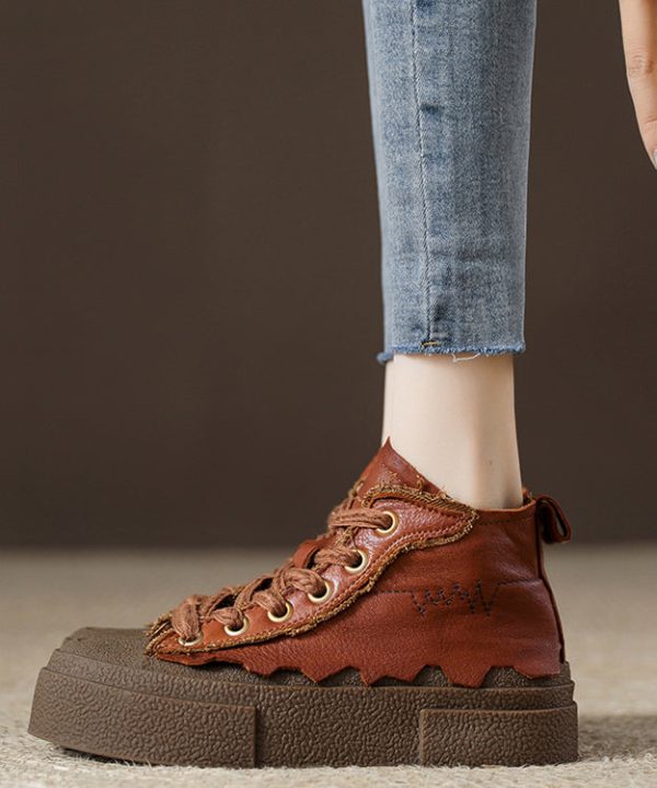 Retro Chocolate Lace Up Platform Flat Shoes For Women - Image 4