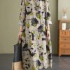 Retro O-Neck Print Pockets Linen Vacation Dresses Long Sleeve