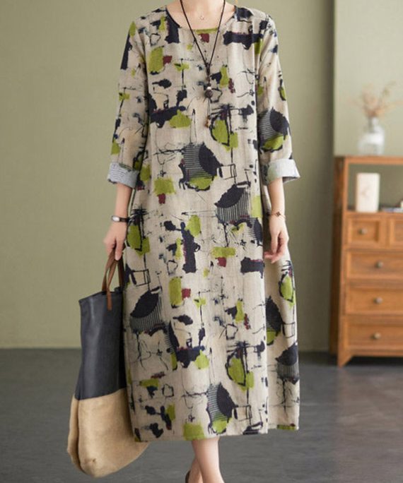 Retro O-Neck Print Pockets Linen Vacation Dresses Long Sleeve