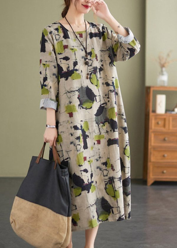 Retro O-Neck Print Pockets Linen Vacation Dresses Long Sleeve - Image 5