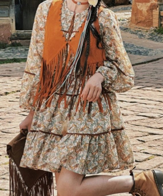 Retro Patchwork Tassel Waistcoat And Long Dress Two Pieces Set Lantern Sleeve