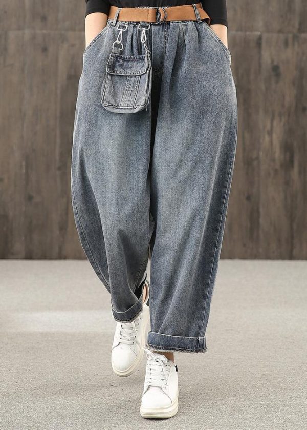Retro denim blue autumn new trousers plus size harem pants - Image 2
