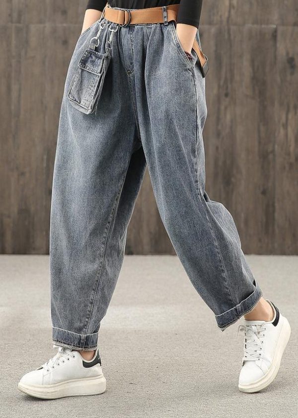 Retro denim blue autumn new trousers plus size harem pants - Image 3