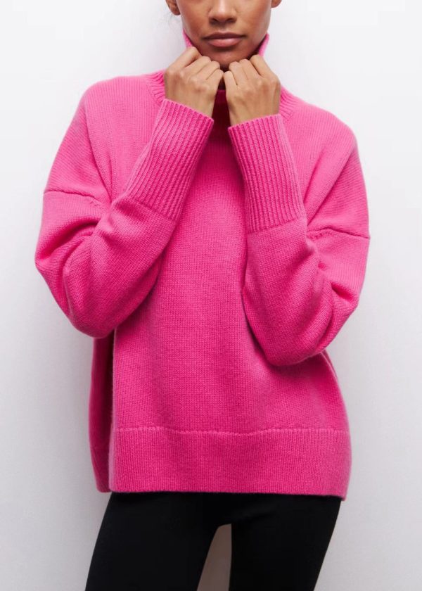 Rose Cozy Thick Knit Sweaters Turtleneck Spring - Image 2