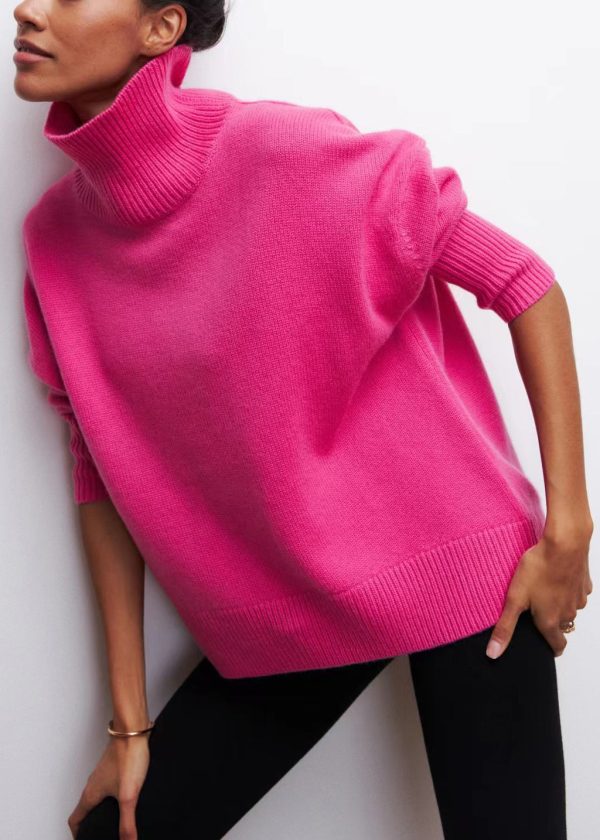 Rose Cozy Thick Knit Sweaters Turtleneck Spring - Image 5