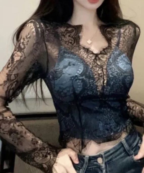 Sexy Black V Neck Hollow Out Lace Shirt Spring