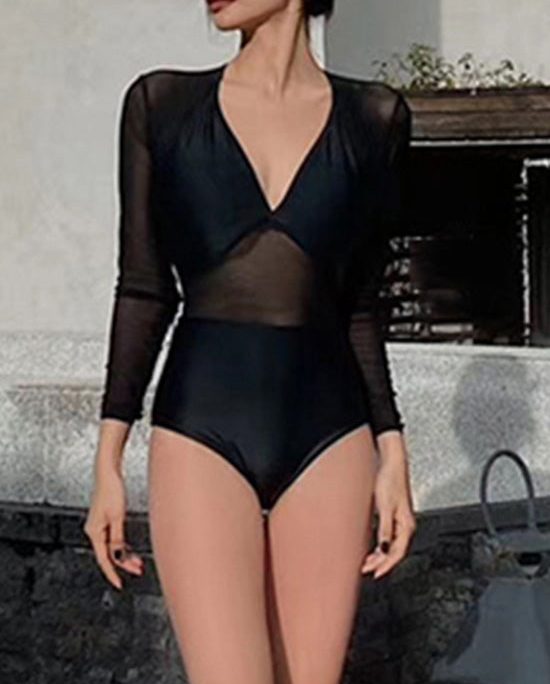 Sexy Black V Neck Solid Tulle Bodysuit