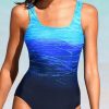 Sexy Blue Gradient Color U Neck Leaky Back One Piece Swimwear