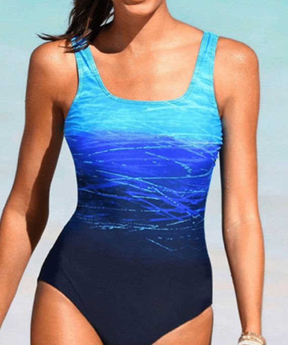 Sexy Blue Gradient Color U Neck Leaky Back One Piece Swimwear