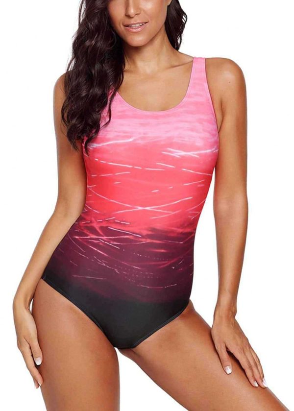 Sexy Blue Gradient Color U Neck Leaky Back One Piece Swimwear - Image 2