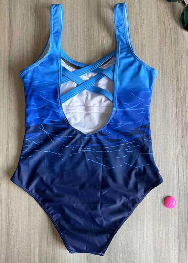 Sexy Blue Gradient Color U Neck Leaky Back One Piece Swimwear - Image 5