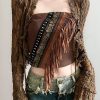 Sexy Brown Hollow Out Lace Up Cardigans And Tasseled Tank Two Pieces Set Spring