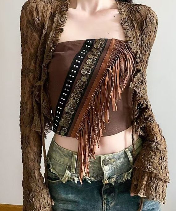 Sexy Brown Hollow Out Lace Up Cardigans And Tasseled Tank Two Pieces Set Spring