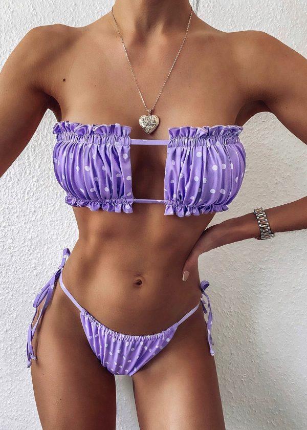 Sexy Green Leopard Pleated Printed Backless Bikini Swimwear Set - Image 2