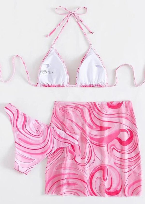 Sexy Pink Cinched Halter Lace Up Swimwear Set - Image 5