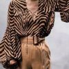Sexy Zebra Print V-Neck Lace-Up Lantern Sleeve Shirt