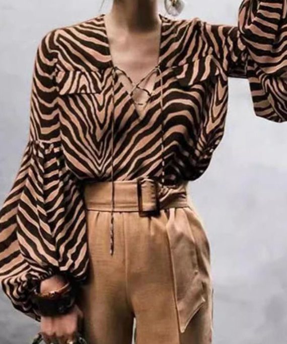 Sexy Zebra Print V-Neck Lace-Up Lantern Sleeve Shirt