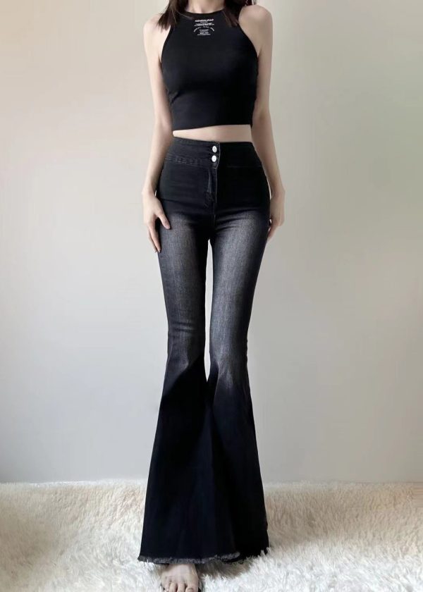 Silm Fit Black High Waist Denim Flared Trousers Spring - Image 2