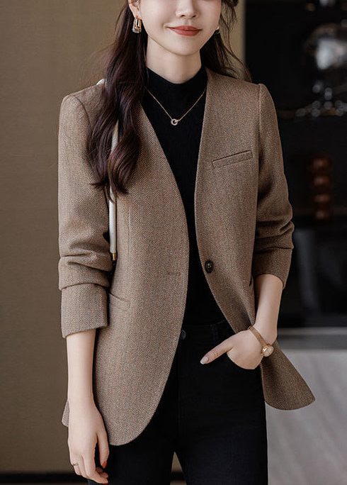 Silm Fit Brown V Neck Woolen Jacket Spring