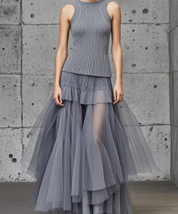 Silm Fit Grey Tulle Patchwork Exra Large Hem Sweater Dress Sleeveless