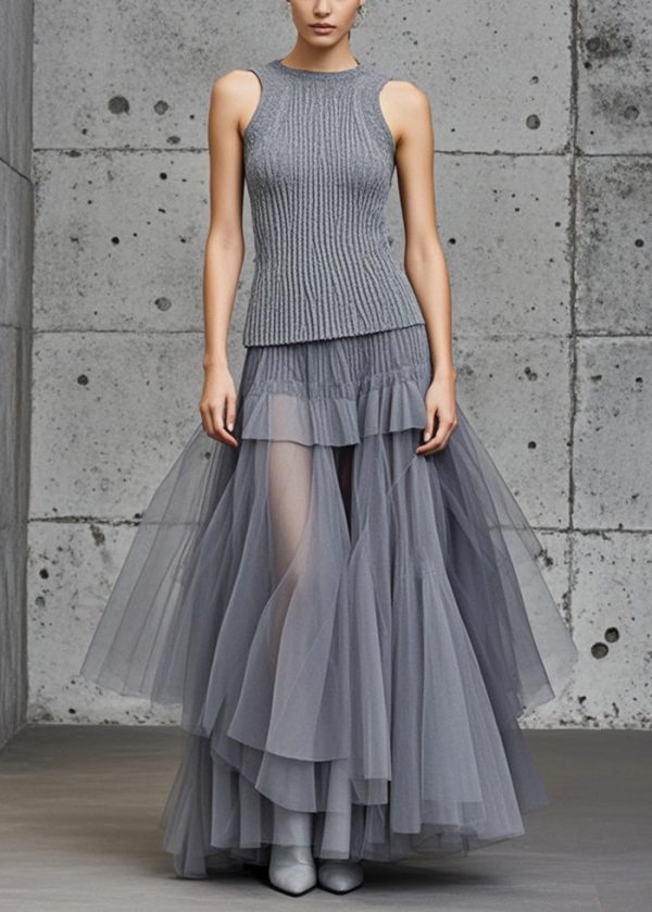 Silm Fit Grey Tulle Patchwork Exra Large Hem Sweater Dress Sleeveless - Image 3