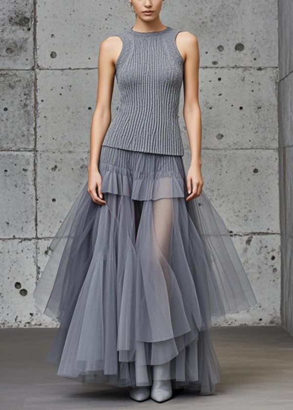Silm Fit Grey Tulle Patchwork Exra Large Hem Sweater Dress Sleeveless - Image 5