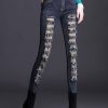 Silm Fit Navy Tasseled Denim Ripped Pants Spring