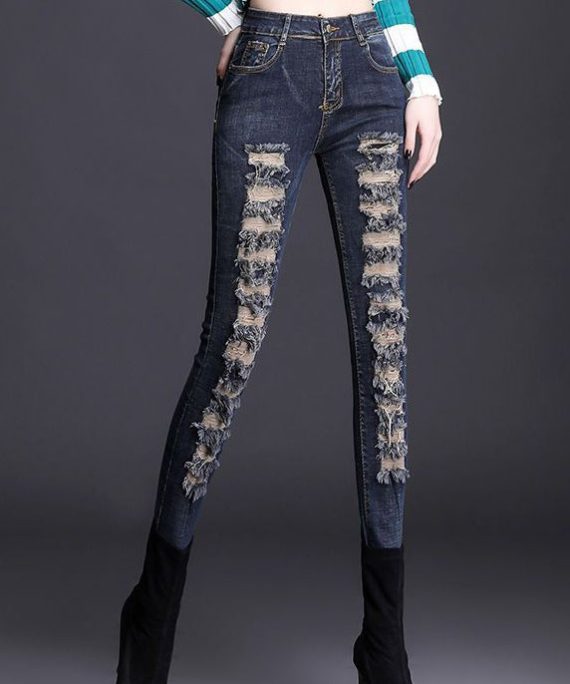 Silm Fit Navy Tasseled Denim Ripped Pants Spring