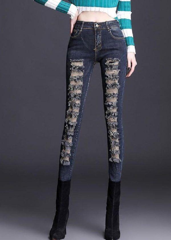 Silm Fit Navy Tasseled Denim Ripped Pants Spring - Image 2