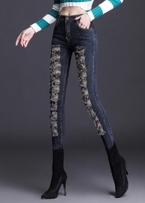 Silm Fit Navy Tasseled Denim Ripped Pants Spring - Image 3