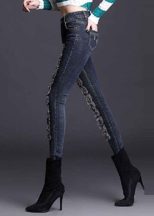 Silm Fit Navy Tasseled Denim Ripped Pants Spring - Image 4