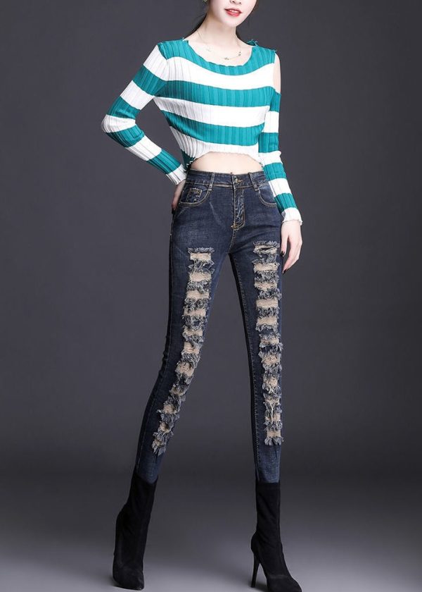 Silm Fit Navy Tasseled Denim Ripped Pants Spring - Image 5