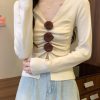 Silm Fit White V Neck Floral Knit Sweater Spring