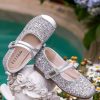 Silver Flat Shoes For Kids Girls Faux Leather Buckle Strap Sequins
