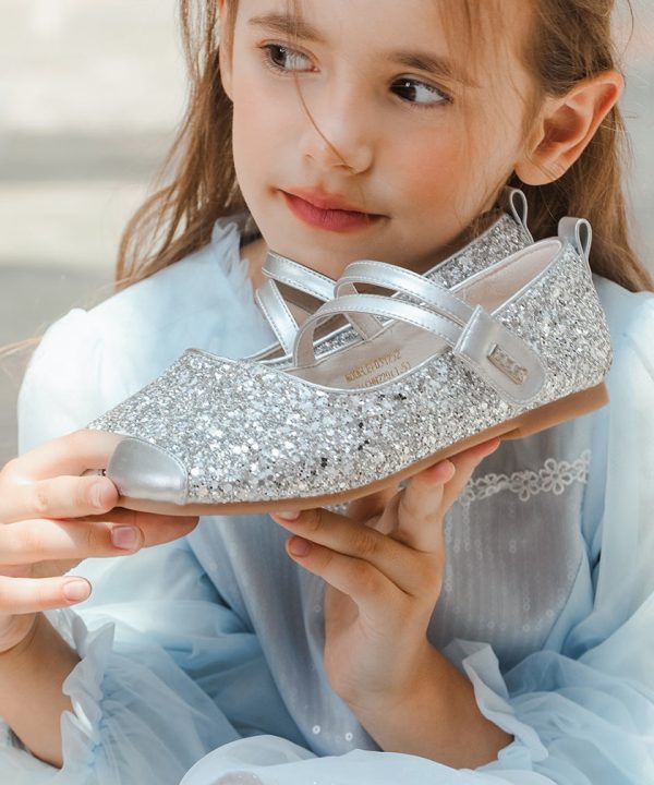 Silver Flat Shoes For Kids Girls Faux Leather Buckle Strap Sequins - Image 3