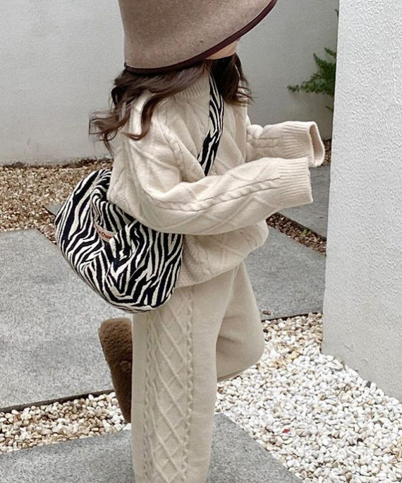 Simple Beige O-Neck Kids Knitted Cotton Sweaters And Pants Two Pieces Set Spring